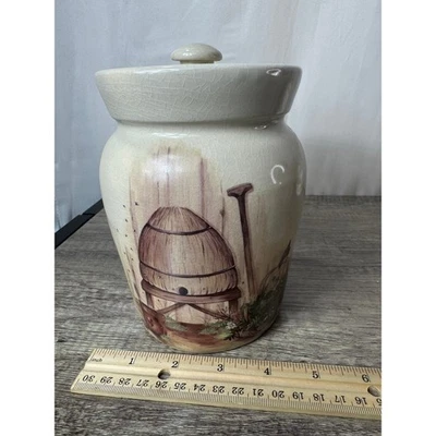 Tarro de colmena de abeja miel de cerámica torneado a mano de antaño con tapa Marshall Texas Foto 1 de 4