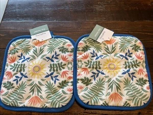 Neu mit Etikett ~ 2-teiliges Set Küche Topflappen ~ bunte Blumen & Palmen ~ 8” x 8” - Bild 1 von 5