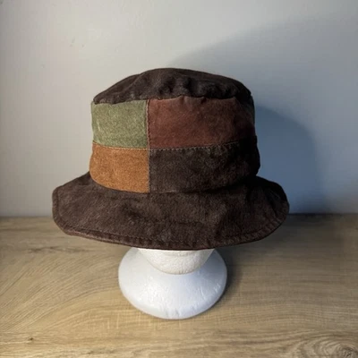 Vintage Bucket Hat Suede Brown Patchwork Fabric Lined Autumnal Fall Wardrobe - Image 1 of 4