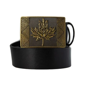 Leather belt with brass buckle Maple leaf, Canadian-Ukrainian design trident - Picture 1 of 21