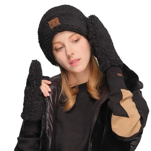 Conjunto de gorro y manopla de invierno cálido puño de sherpa forrado difuso C.C para mujer - Imagen 1 de 31