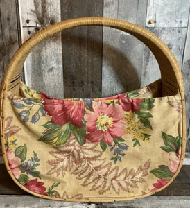 Vintage Rattan Wicker Purse Tote Floral Barkcloth Fabric Sewing Knitting Bag - Picture 1 of 10