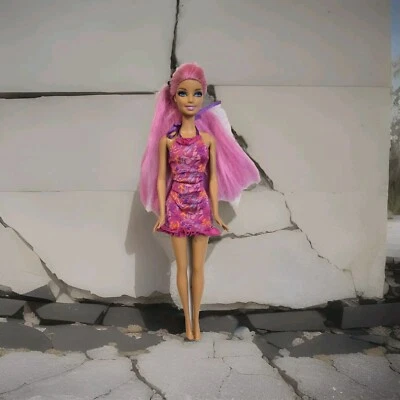Mattel Barbie Hairtastic Doll Long Pink Hair With Dress Neck Crack C437G  - Image 1 of 4
