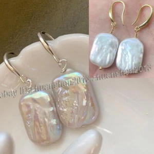 Pendientes de gancho colgantes de perlas rectangulares barrocas coloridas blancas naturales de 15x20 mm AAA - Imagen 1 de 12