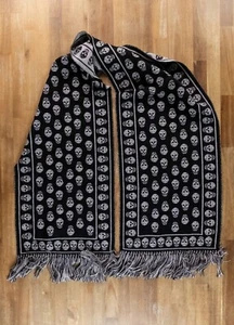 ALEXANDER MCQUEEN black & gray skull motif wool fringe scarf designer authentic - Picture 1 of 7