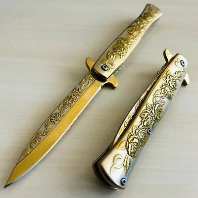 9” Gold Rose Knife Spring Assisted Open Blade Folding Pocket Knife Hunting Knife - Image 1 of 4