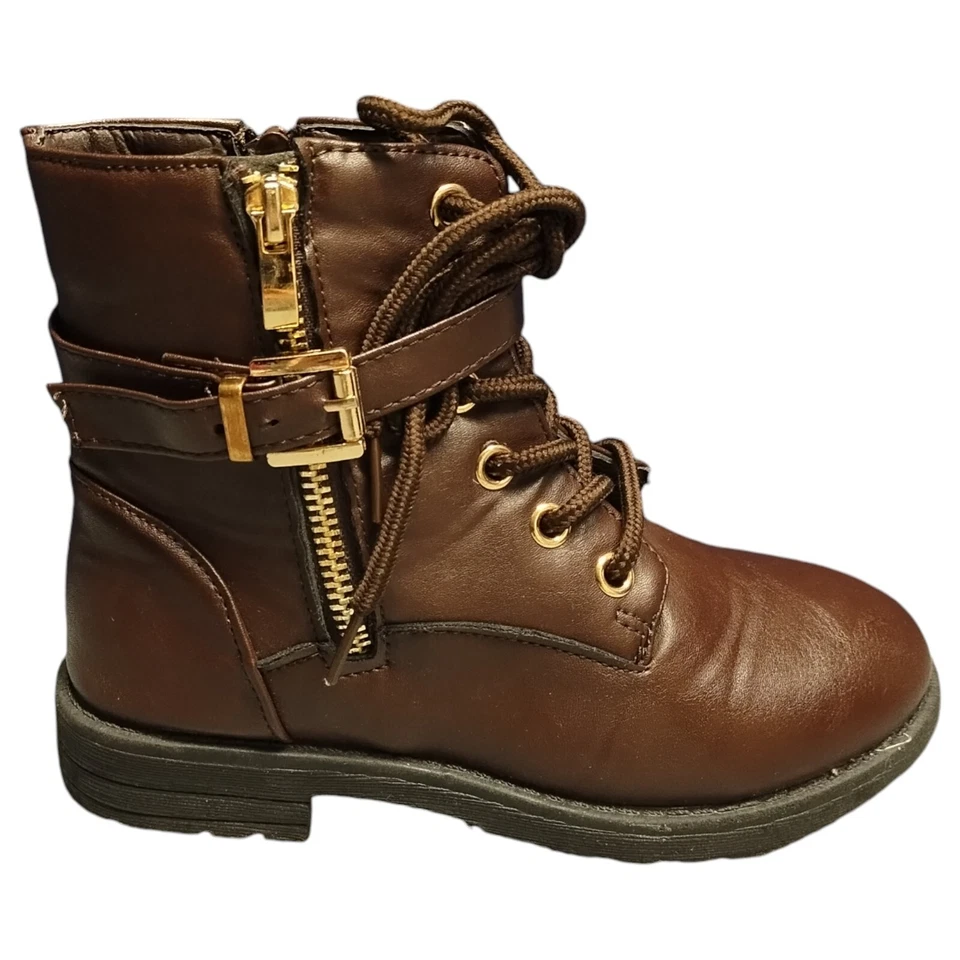 Lucky Top Combat 踝靴 青少年 女孩 尺寸 1 棕色皮革 圆头 系带 — 第 1/4 张图片