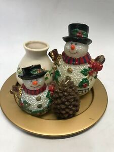 Christmas 3 Piece Candle Garden Two Snowmen Tree Pinecone Metal Plate Candles