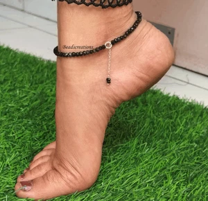 AAA Grade Black Spinel Gemstone Faceted Round Beaded Anklet For Birthday Gift - Picture 1 of 3