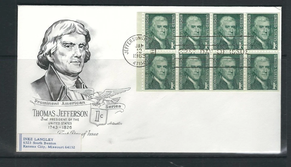 USA SC # 1278a Jefferson FDC Pane Of 8 . Artmaster Cachet - Image 1 of 1