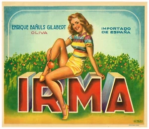 ALTES ORIGINAL ORANGE KISTEN ETIKETT PINUP MÄDCHEN IRMA C1940 SPANISCHE TYPOGRAFIE - Bild 1 von 1