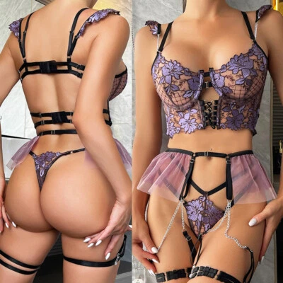 Sexy Damen Transparent Spitze BH Set Nachtwäsche Babydoll G String Unterwäsche Nachtwäsche - Bild 1 von 4