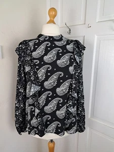 TED BAKER BNWT Black White Paisley Frill Longsleeve Top Size 5 UK 16 - Picture 1 of 7