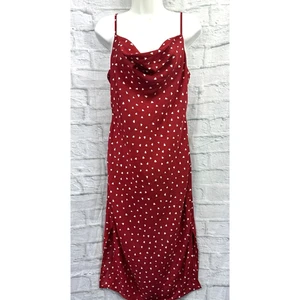 Nasty Gal Slip Dress Red & White Polka Dot Hearts Size 12 Draped Neck Light BNWT - Picture 1 of 10