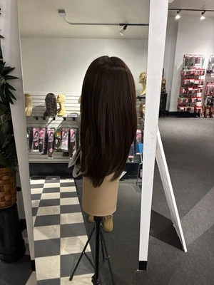Human Hair Blend Full Wig Brown Bangs - Image 1 of 4