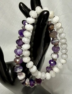 Amethyst And White Beaded Bracelet Set W/Silver Toned Accents - Picture 1 of 4