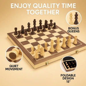 Magnetic Wooden Chess Set 15" Foldable Board Game for Adults Kids w/ Storage - Picture 1 of 12