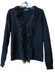 Ralph Lauren NWT Women L Petite Black Silk/Cashmere Ruffle Front Cardigan - Picture 1 of 4