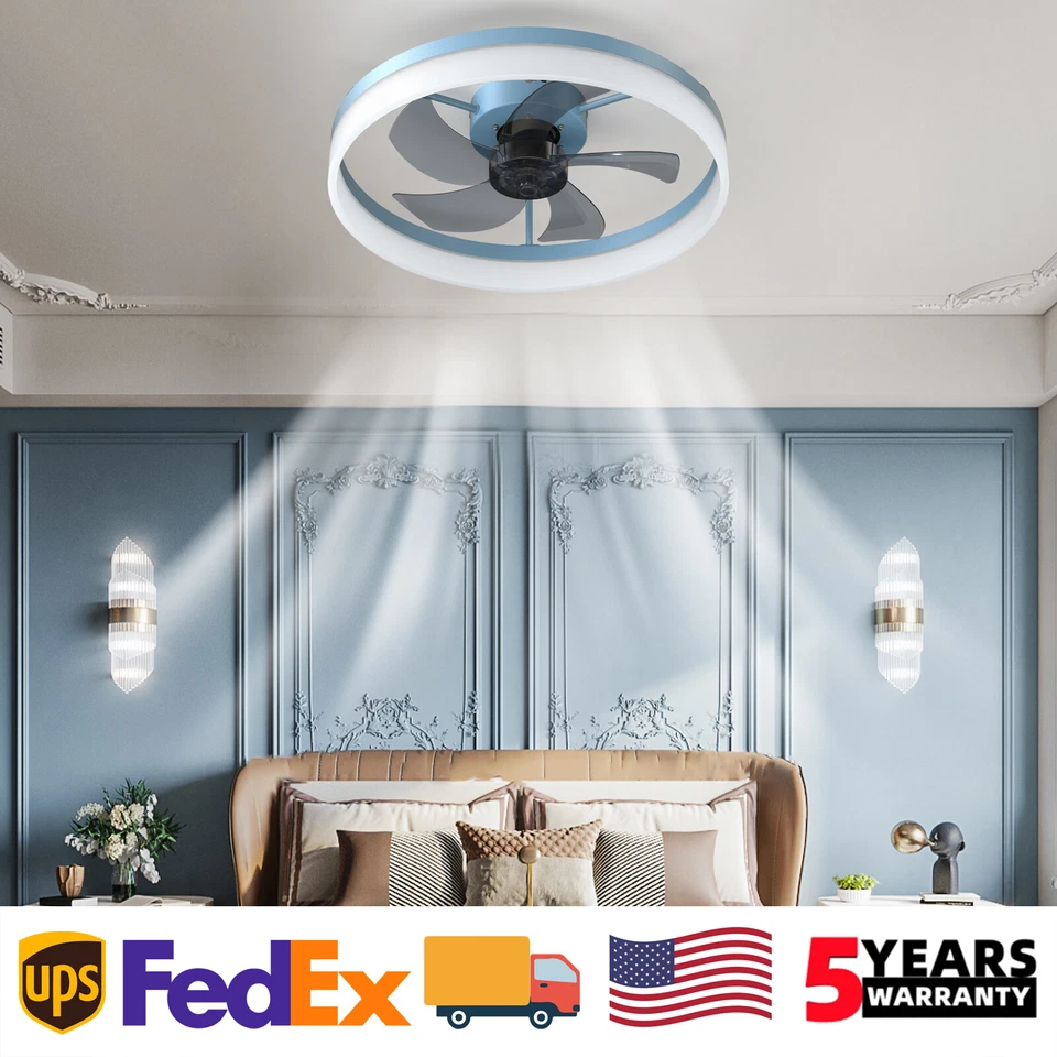 20 inch Ceiling Fan LED Light Modern Blue Flush Mount w APP / Remote Control Kit - Image 1 of 4