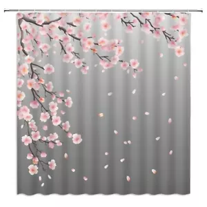 Cherry Blossom Shower Curtain Pink Grey Blooming Floral Asian Japanese Waterc... - Picture 1 of 6