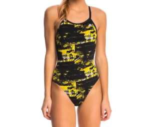 New Adidas Women's Elemental Raw Vortex Yellow Back One Piece Swimsuit Size 40 - Picture 1 of 4