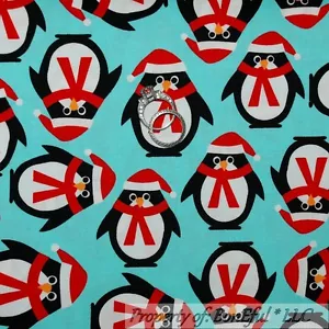 BonEful Fabric Cotton Blue Black White Red Penguin Xmas Snow Santa MI LAST SCRAP - Picture 1 of 12