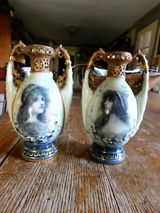 2 jarrones de retrato Ernst Wahliss reticulados manijas de oro nuevo pintados a mano - Imagen 1 de 7