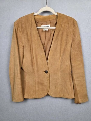 Breckenridge Blazer 夹克女式 10 棕褐色麂皮绒皮革单纽扣衬里 — 第 1/4 张图片