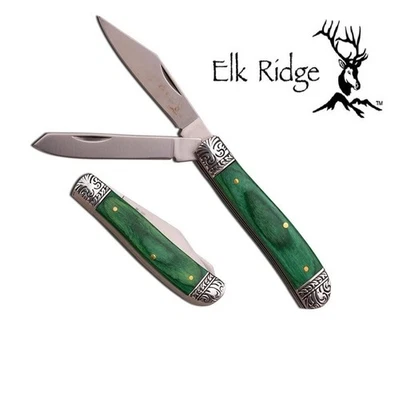 Navaja de bolsillo de caballero Trapper mango de madera verde grabada refuerzos Elk Ridge Foto 1 de 4