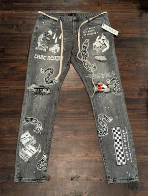 Pantalones de mezclilla THRT para hombre 40 cadenas con estampado gráfico envejecido esqueleto ropa de calle sartén de mezclilla Foto 1 de 4