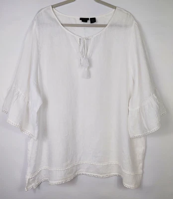 Tahari Linen Tunic Top Blouse Womens Size 3X White Popover V-Neck Casual Beach - Image 1 of 4