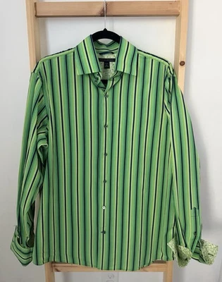 BANANA REPUBLIC MEN DRESS SHIRT L 16-161/2 GREEN NAVY STRIPES FRENCH CUFF (B4) - Image 1 of 4