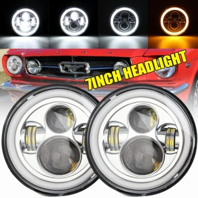 For Ford Mustang 1965-1978 7" INCH Chrome LED Headlight Angel Eyes DRL Projector - Image 1 of 4