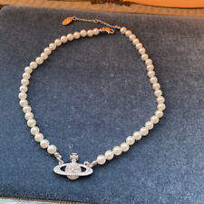 Vivienne Westwood Silver Saturn Pendant White Pearl Necklace Choker Chain NO BOX