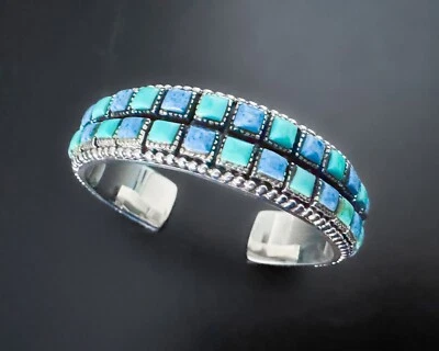 Turquoise Denim Lapis Square Row Southwestern Sterling Silver Chunky Bracelet - Image 1 of 4