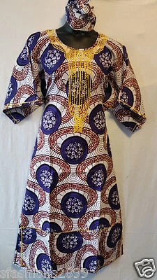 Women African wax Fabric Cotton Long Dress W/ Scarf Maxi Ethnic 54" Print #002   - Image 1 of 4