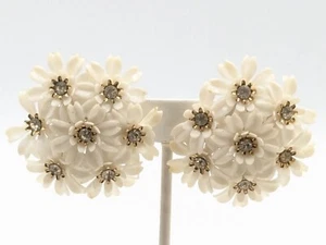Vintage Coro White Daisy and Rhinestone Clip On Earrings Silver Tone READ - Picture 1 of 18