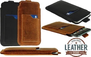 SLIM PULL-UP & POCKET CARD GENUINE LEATHER CASE COVER POUCH FOR SAMSUNG GALAXY - Picture 1 of 12