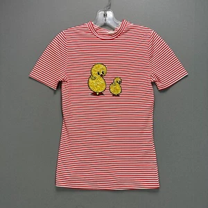 Vintage 60s 70s Womens T Shirt Red White Striped S/S Chicks Bird Applique S RARE - Picture 1 of 8