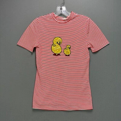 Vintage 60s 70s Womens T Shirt Red White Striped S/S Chicks Bird Applique S RARE - Image 1 of 4