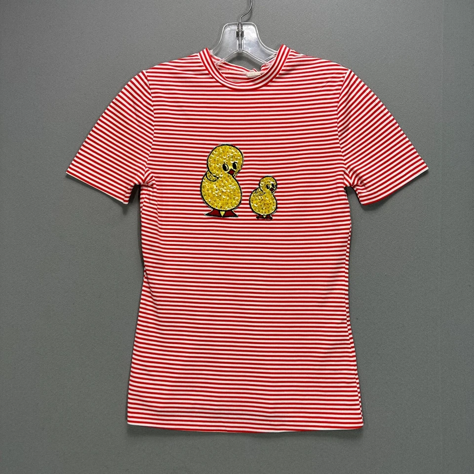 Vintage 60s 70s Womens T Shirt Red White Striped S/S Chicks Bird Applique S RARE - Image 1 of 4