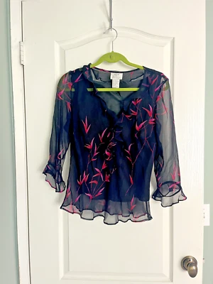 复古 Vision 服装丝绸衬衫黑色和粉红色荷叶边花卉女式 L 码 — 第 1/4 张图片