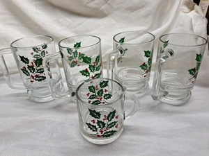  Tazze da tè caffè Natale vetro trasparente bacche di agrifoglio Indiana vintage tazze Eggnog - Foto 1 di 3