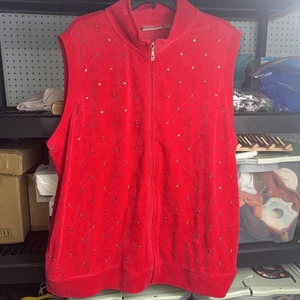 Quacker Factory Velour Multicolor Stone Party Dressy Women's 2X  Red Zip-Up Vest - Picture 1 of 8
