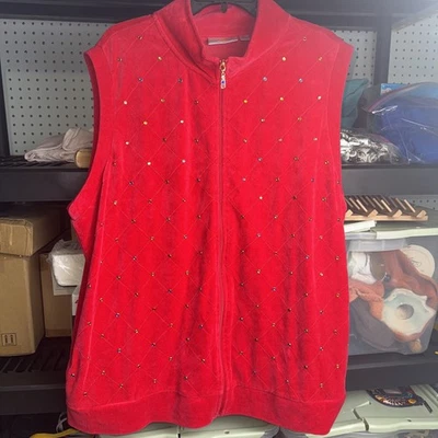 Quacker Factory Velour Multicolor Stone Party Dressy Women's 2X  Red Zip-Up Vest - Image 1 of 4