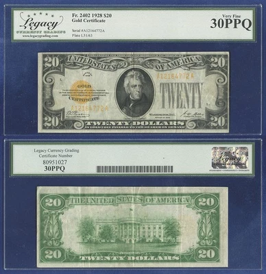 USA 20 DÓLARES 1928 CERTIFICADO ORO MUY FINO 30 PPQ BLOQUE AA Foto 1 de 2