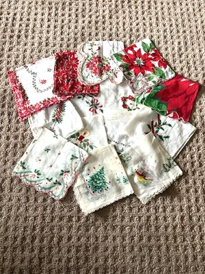 VINTAGE / ANTIQUE LOT of 14 LADIES HANKIES - CHRISTMAS THEME - ROUGHLY  13"X 13" - Image 1 of 4