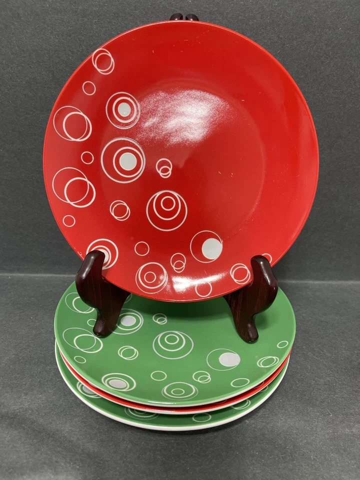 Juego de 4 platos de postre para ensalada AVON EXPRESSIONS Holiday rojo verde círculos Foto 1 de 4