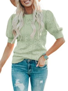 Womens Puff Short Sleeve Sweater Summer Soft Crew Neck Dot Pullover Shirt Medium - Picture 1 of 4