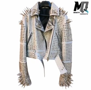 Nueva Chaqueta de Cuero Para Hombre Punk Blanca Brando Plateada Tachonada con Picos Moto Marca - Imagen 1 de 6